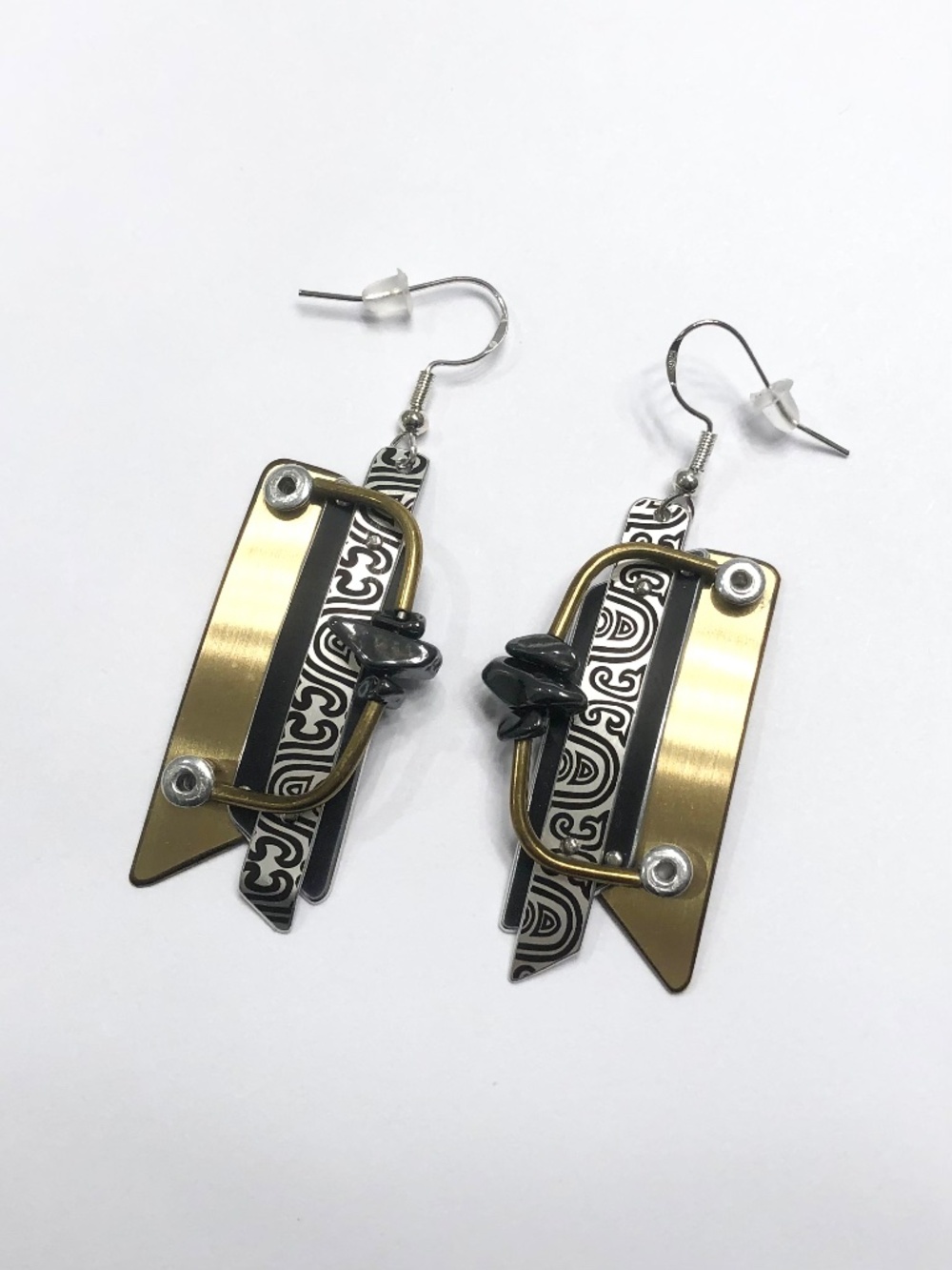Artisan-made mixed metals and hematite bead drop earrings on 925 ear wires